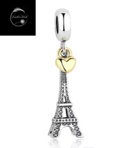 Genuine 925 Sterling Silver Travel Love Paris Eiffel Tower Heart Dangle Charm - £16.61 GBP