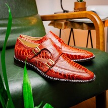 Genuine Ostrich Leg Double Monk Strap Shoes Napoli Rustic Cognac image 6