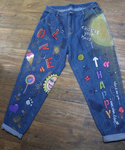 Vintage 80s Retro Jeans Hand Painted Women Size XL Artisan Art New Wave Girl - £148.23 GBP