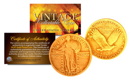 1916-1930 Original 24K Gold Plated Standing Liberty Pure Silver Us Quarter Coin - £22.19 GBP