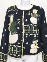 Ugly Christmas Sweater S Christopher &amp; Banks Navy Blue Snowmen Cardigan - £23.80 GBP