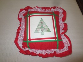Handmade Christmas Tree &amp; Ribbon Cross Stitch Ruffle &amp; Lace Accent Pillow - 16&quot; - £8.04 GBP
