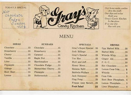 Gray&#39;s Candy Kitchen Menu Berea Ohio O E Mahler 1950&#39;s Sodas Sundaes Elves - £25.03 GBP