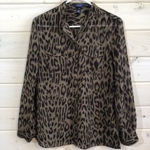 Chaps Womens Long Sleeve Sheer Brown Animal Print Button Down Blouse Size Medium - £11.96 GBP