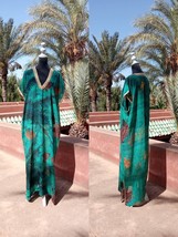 Luxury tropical plus size green and gold Moroccan caftan, Summer wear ka... - $125.99