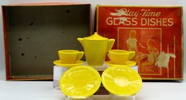 Akro Agate Glass Childs Tea Set for 2 in Box Interior Panel Yellow Teapot C & S - $59.99