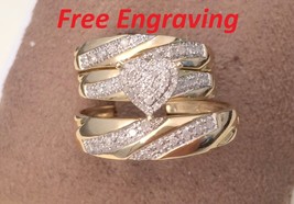 14K Yellow Gold Fn His Her Diamond Trio Bridal Wedding Band Engagement Ring Set - £100.99 GBP