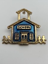 Sweet Gold Toned Schoolhouse W/Children Brooch Pin Necklace Charm Blue Filling - £7.32 GBP