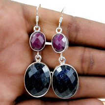 925 Sterling Silver Sapphire &amp; Ruby Handmade Earrings Xmas Gift Women ES-1058 - £55.61 GBP