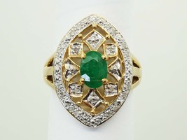 0.81 ctw Natural Emerald &amp; Diamond Accent Navette Filigree Ring 10k Gold Size 7 - £316.38 GBP