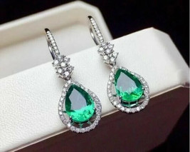 4.2 Ct Pear CZ Green Emerald Drop Dangle Wedding Earrings 14K White Gold Plated - £101.90 GBP