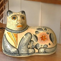 Vintage Large Cat Tonala Mexican Pottery Folk Art Floral Boho Hand Painted - £30.29 GBP