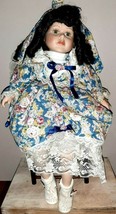 Vintage Porcelain Brunette Doll Sitting Pretty Collection Floral Dress w Chair - £30.86 GBP