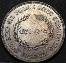 Denmark 2 Kroner, 1945 Gem Unc Silver~RARE~Kings 75th Birthday~156,642 M... - £57.80 GBP