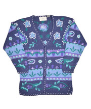Northern Isles Portraits Hand Knit Cardigan Sweater Womens M Floral Striped - £29.06 GBP