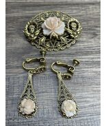 Vintage Celluloid White Rose Flower Angels Filigree Gold Tone Filigree B... - €17,18 EUR