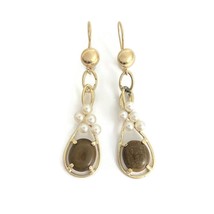 Vintage Oval Brown Jade Pearl Dangle Drop Earrings 14K Yellow Gold, 5.57 Grams - £700.12 GBP