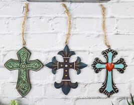 Pack of 3 Rustic Western Fleur De Lis Scrollwork Heart Plaque Cross Orna... - $17.99