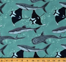 Cotton Manta Rays Whale Sharks Ocean Animals Aqua Fabric Print by Yard D775.17 - £12.61 GBP