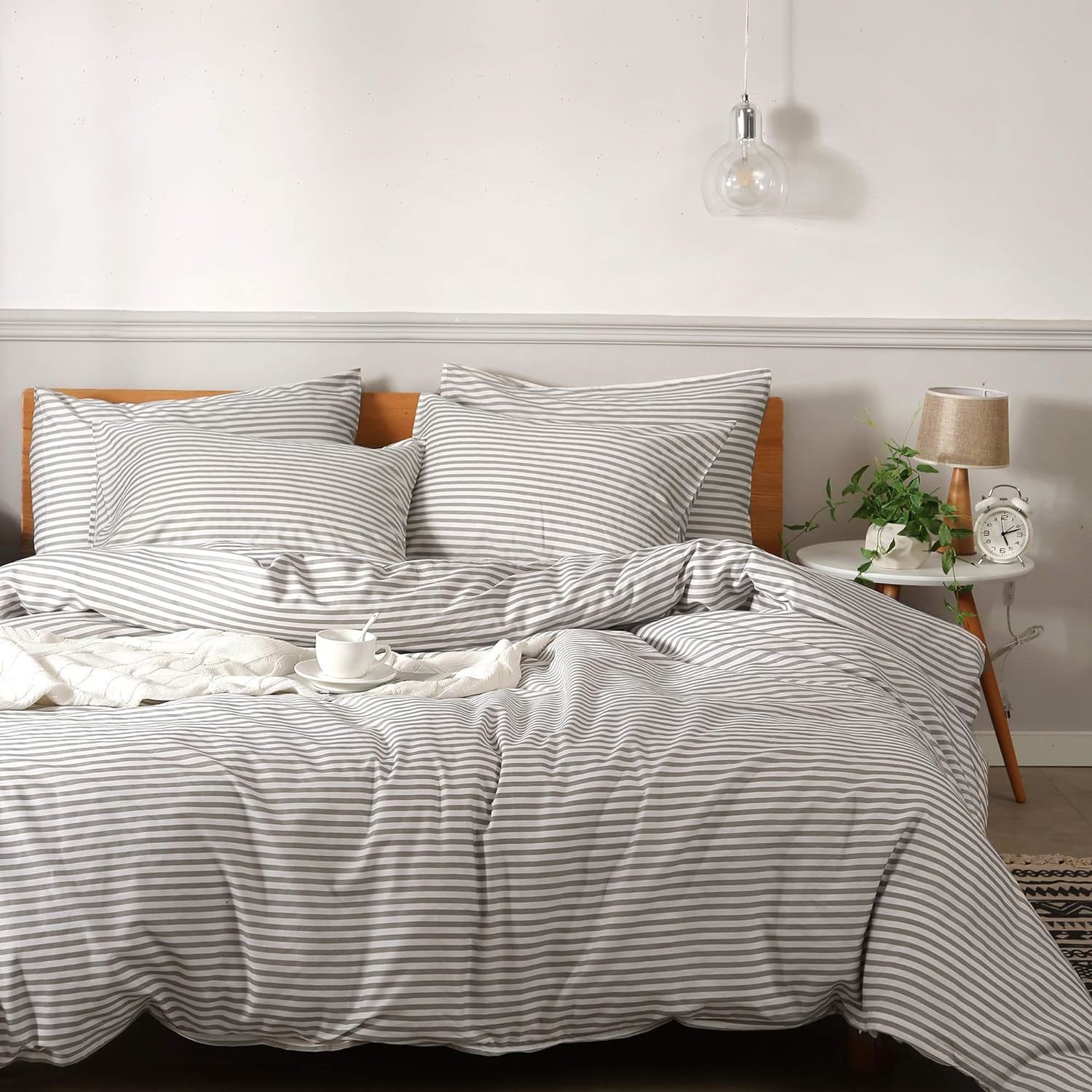 White Duvet Cover With Grey Striped Pattern Printed Comforter Cover, Wit... - $55.95
