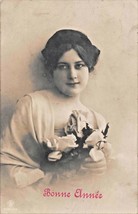 Bonne ANNEE-HAPPY New YEAR-BEAUTIFUL Woman Holding Flower~French Photo Postcard - £7.20 GBP