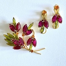 Vintage Watermelon Marquise Cut Glass Large Floral Brooch Clip On Earrin... - $129.00