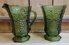 Vintage Set Anchor Hocking Grape Harvest Pitcher &amp; Vase Avocado Green Gl... - $49.47