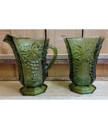 Vintage Set Anchor Hocking Grape Harvest Pitcher &amp; Vase Avocado Green Gl... - $67.80 CAD