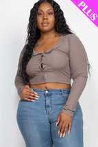 Plus Size Grey Button Down Long Sleeve Crop Basic Ribbed Knit Top - £14.27 GBP