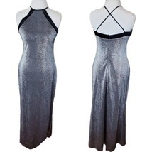 Vintage 90s Silver Metallic Long Halter Dress Velvet Trim Open Back M 8 ... - £77.75 GBP