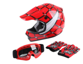 TCMT DOT Helmet for Kids &amp; Youth Red Spider Net w/ Goggles &amp; Gloves Size Medium - £41.63 GBP