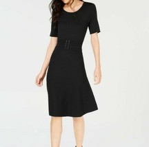 Maison Jules Women&#39;s Short Sleeve Belted Fit &amp; Flare Black Midi Dress Size XL - £46.47 GBP