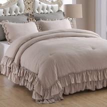 QSH Shabby Ruffled Comforter Set 3 Pieces, Lightweight Taupe Bed - £103.42 GBP