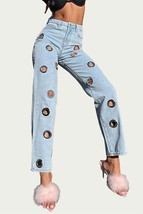 Callie Lives high-rise straight leg grommet jeans in Light Blue - size M - £54.28 GBP