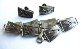 Beau Sterling Silver Guilloche Swedish Motif Bracelet Screwback Earrings Set VTG - £63.43 GBP