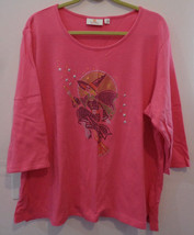 Quacker Factory PINK Pullover Blouse Top Size 2X Jeweled Flying Witch Halloween - £20.02 GBP
