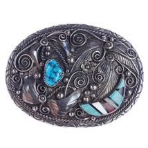 c1980&#39;s Vintage Navajo sterling, turquoise, belt buckle with Zuni inlay - $337.84