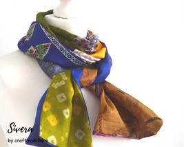 Patchwork Pure Silk Scarf - Upcycled Sari Silk Scarf - Recycled Sari Silk Scarf  - £26.32 GBP