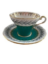 Aynsley Bone China Corset Tea Cup &amp; Saucer Turquoise Grey White Gold Gilt - £19.33 GBP