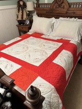 Vtg Hand Embroidered Stitched &amp; Quilted Red/White 78”x86” Very Good Condition - £94.95 GBP