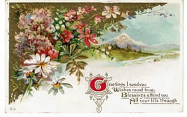Vintage 1911 flowers floral mountain landscape greeting Postcard embossed - £7.78 GBP