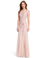 Adrianna Papell Blush Beaded Godet Gown with Sheer short Sleeve   Petite... - $373.53 CAD