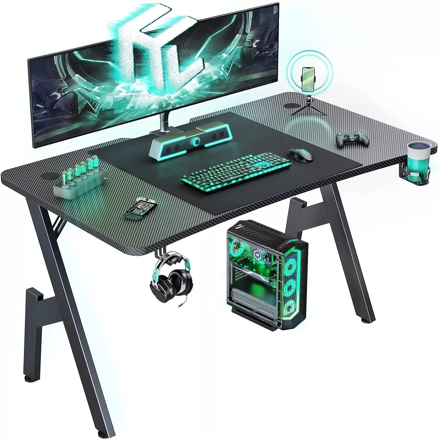 Black Gaming Computer PC Laptop Desk: 47&quot; Carbon Fiber Workstation - $106.91 CAD