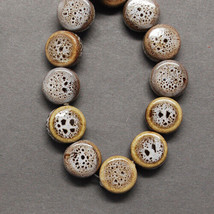 10 Antique Glazed Porcelain Coin Beads 9mm Brown Tan Speckled Handmade  - $6.45