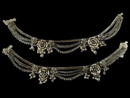 Women&#39;s Antique Rare Silver Anklet Traditional Bridal Wear Lotus Designs... - £160.64 GBP