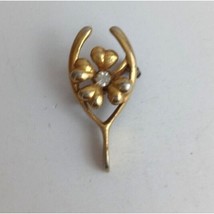 Vintage Gold Tone Jeweled Four Leaf Clover Wishbone Lapel Hat Pin - £9.59 GBP