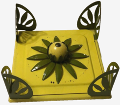 Napkin Holder Yellow Metal Green Accents Center Flower Knob Lid Vintage Table - £19.46 GBP