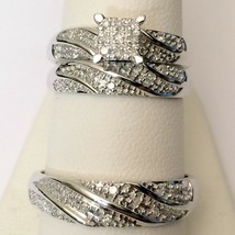 His Her 0.40Ct Real Moissanite Wedding Ring Band Trio Bridal Set Sterling Silver - $186.99