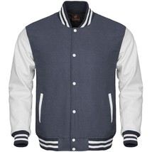 Super Bomber Varsity Letterman Baseball Jacket Grey Body White Leather Sleeves - £76.70 GBP