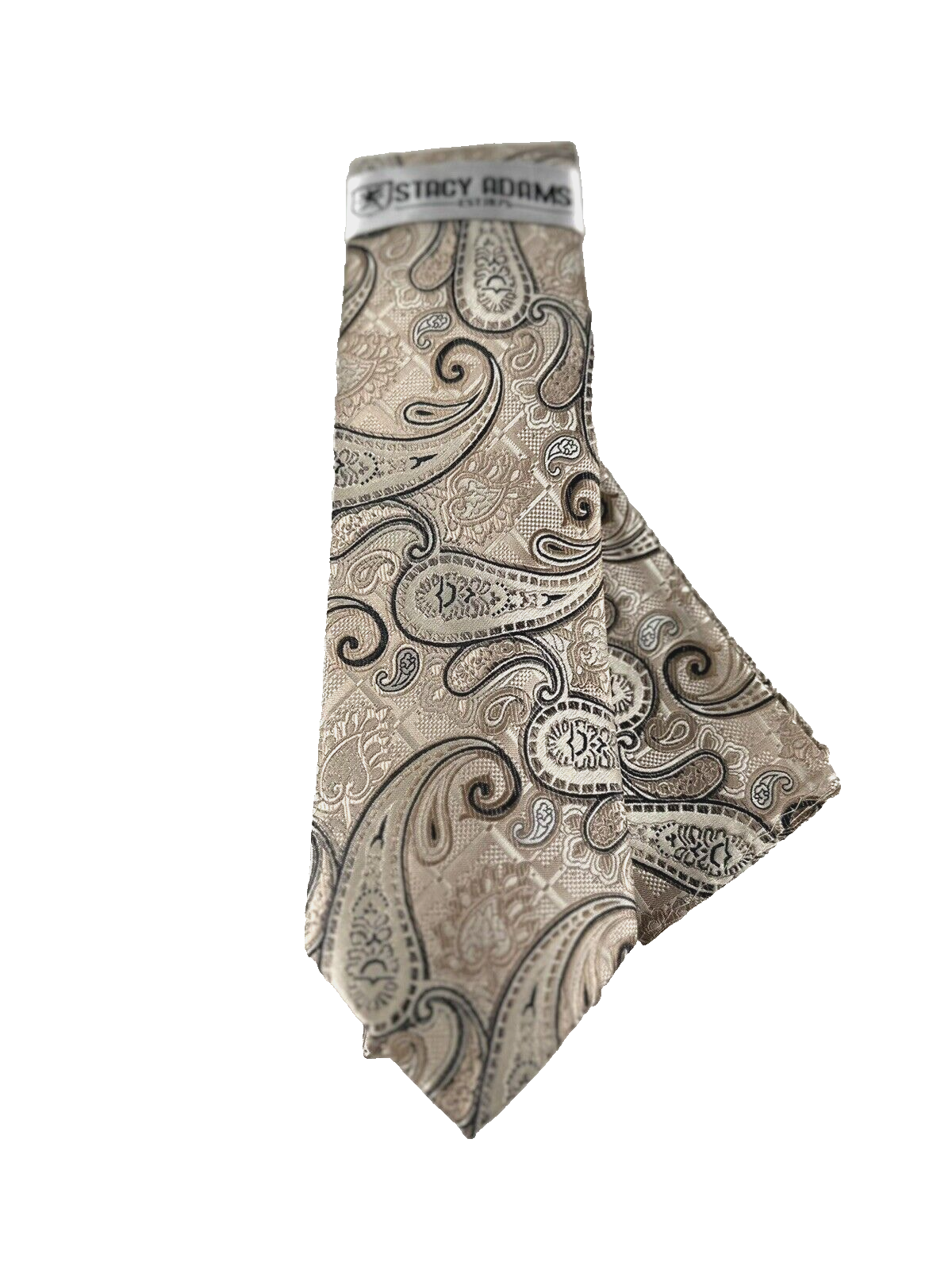 Stacy Adams Men's Tie & Hanky Beige Ivory Black Pasiley Plaids Checks 3.25" Wide